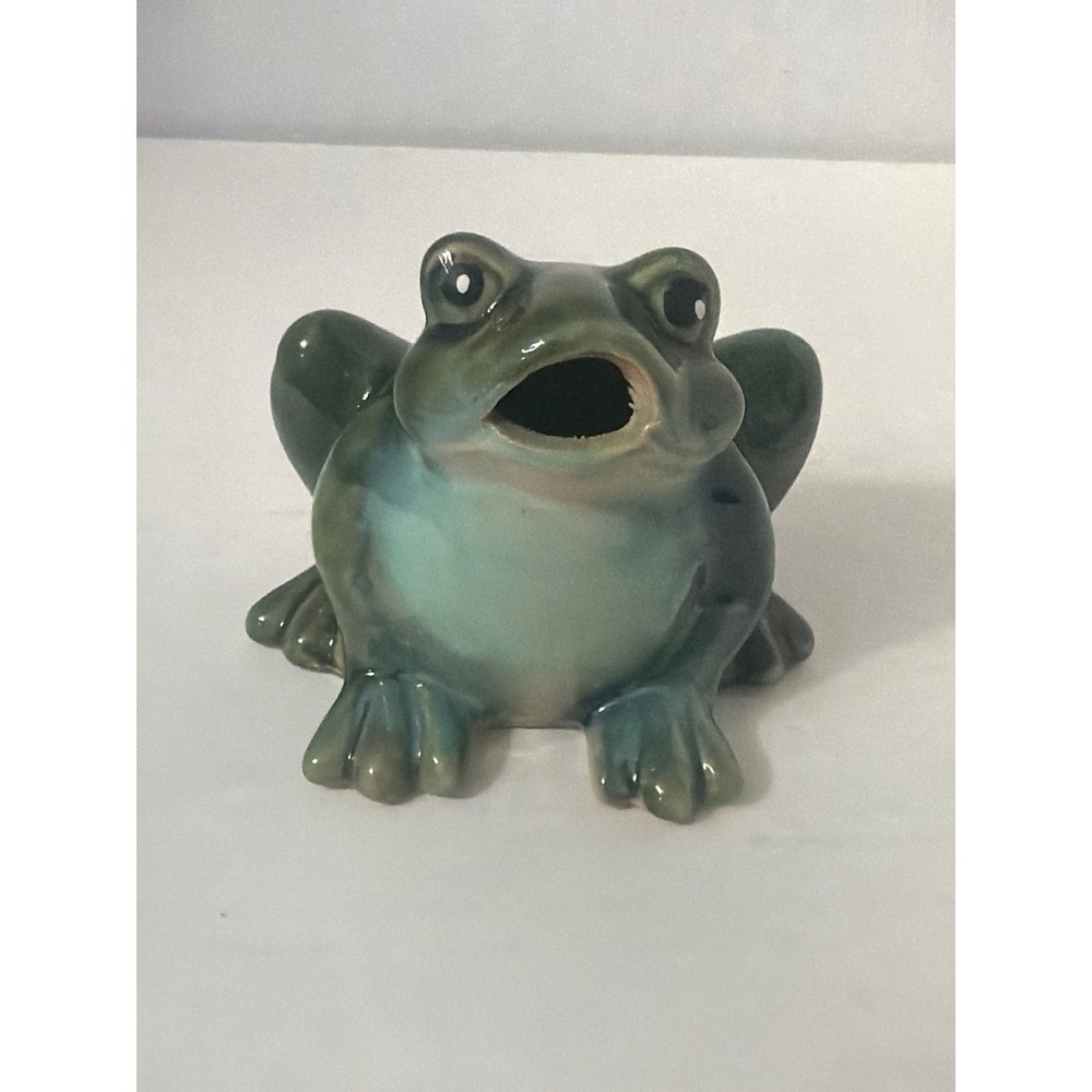 Vintage Ceramic Frog Figurine Green Blue Drip Glaze Open Mouth Pottery Decor